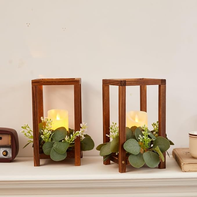 6 Set/18 Pcs Wooden Wedding Lantern Centerpiece Include 6 Wooden Lantern Candle Holder 6 Flameless LED Candle 6 Eucalyptus Leaves Wreath for Centerpieces Wedding Table Party Farmhouse Decor