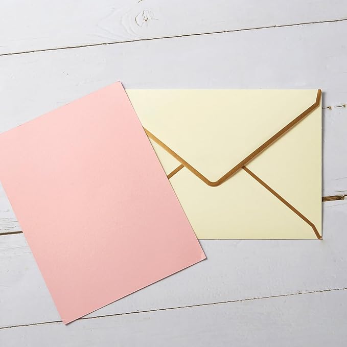 100 Pack A7 Envelopes 5 x 7 Card Envelopes V Flap with Gold Border for Office, Wedding Gift Cards, Invitations, Graduation, Baby Shower, Parties (Cream Color, 5.32 x 7.28 Inches)
