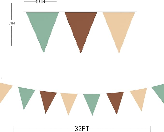 32Ft Sage Green Brown Triangle Flag Fabric Banner Pennant Bunting Garland Streamers for Birthday Wedding Baby Shower Jungle Safari Summer Woodland Camping Outdoor Picnic Garden Party Decorations