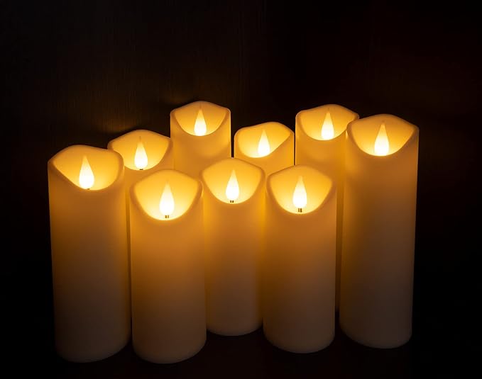Enido 9 Pc Flickering Flameless LED Candles with Remote Timer for Romantic Ambiance and Home Decoration Battery Operated Pillar with 3D Flame (D: 2.2β x H: 5β, 6β, 7β)