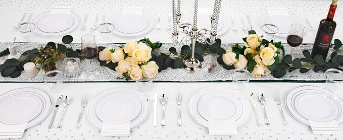 GATHER 176 Pieces Silver Plates - Disposable Silver Plastic Plates Includes 50 Plates, 75 Silverware, 25 Napkins, 25 Silver Rimmed Cups and 1 Tablecloth Perfect for Party & Weding & Christmas