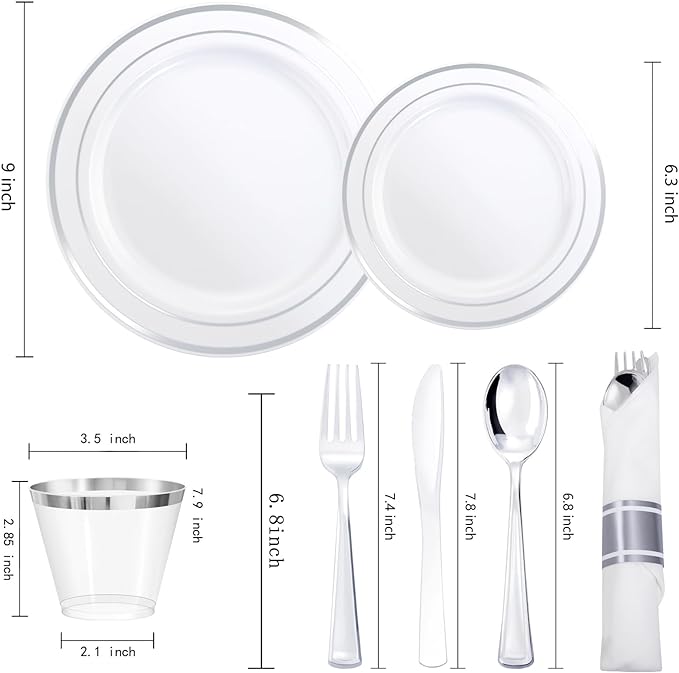 350Piece Silver Plastic Dinnerware Set for 50 Guests - Silver Plastic Plates with Cutlery Include:50Dinner Plates-50Dessert Plates-50Pre Rolled Napkins with Silverware for Christmas