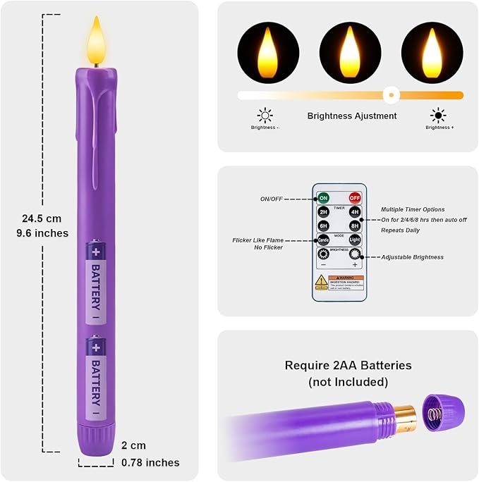 Homemory Flameless Advent Candles, Set of 4, Battery-Operated Flickering LED Candlesticks, Flameless Taper Candles with Remote Timer - 3 Purple, 1 Pink for Christmas Wreath