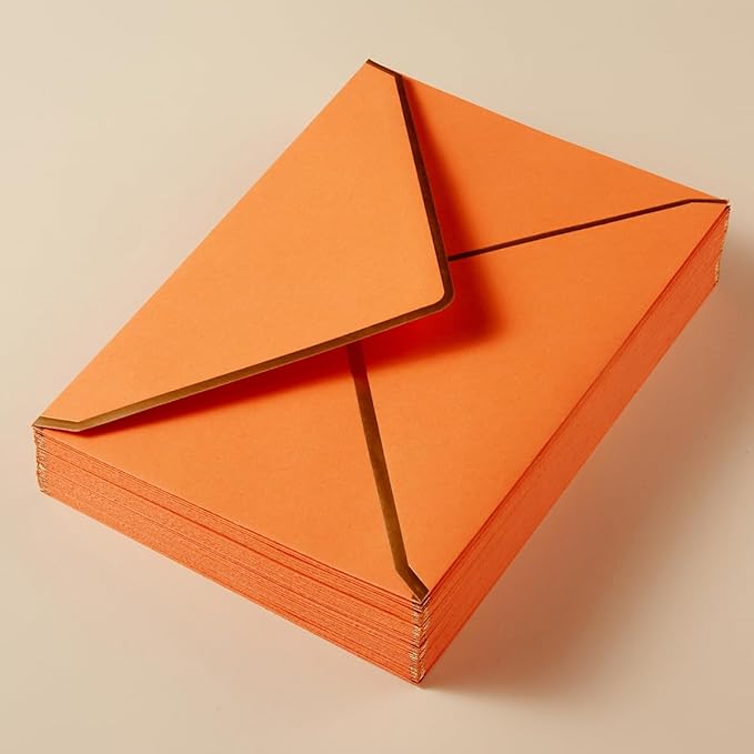 100 Pack A7 Envelopes 5 x 7 Card Envelopes V Flap with Gold Border for Office, Wedding Gift Cards, Invitations, Graduation, Baby Shower, Parties (Dark Orange, 5.32 x 7.28 Inches)