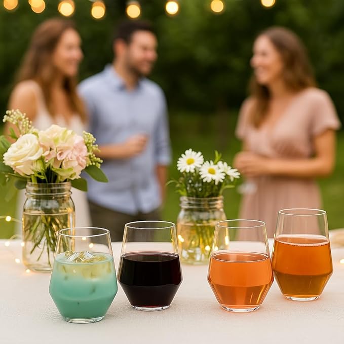 Oojami 48 Pack Diamond Clear Unbreakable Stemless Plastic Glasses 24 9oz Stemless Champagne Flutes & 24 12oz Cups BPA-Free, Disposable, Shatterproof Drinkware for Weddings, Bars, Events, and Parties