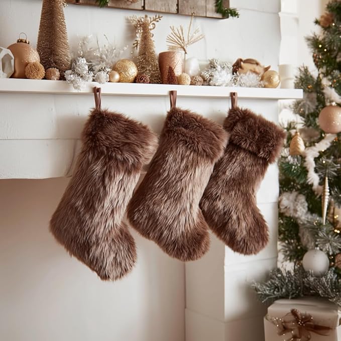 AISENO 3 Pack 18 Inch Brown Christmas Stockings Faux Fur Personalized Hanging Ornaments Candy Gift Bags for Christmas Decorations