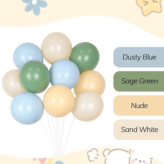 60pcs Sage Green Dusty Blue Balloons 12inch, Blue and Green Balloon with Nude Sand White Balloons for Wedding Anniversary Baby Shower Birthday Party Decorations
