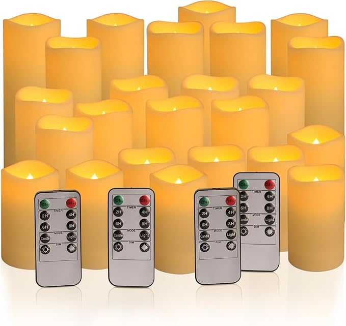 Set of 24 Waterproof Outdoor Flameless Candles, LED Candles with 4 Remote and Timer,(H 4" 5" 6" x D 2.2"),for Halloween Wedding Festiv