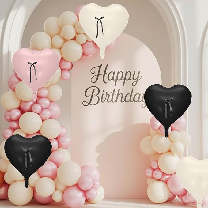 Pink and Black Heart Balloons, 10 Pcs Baby Pink Cream Heart Shaped Balloon with Black Bow Ribbon, 18 Inch Pink Sand White Foil Balloons for Brithday Baby Shower Wedding Valentines Party Decoration