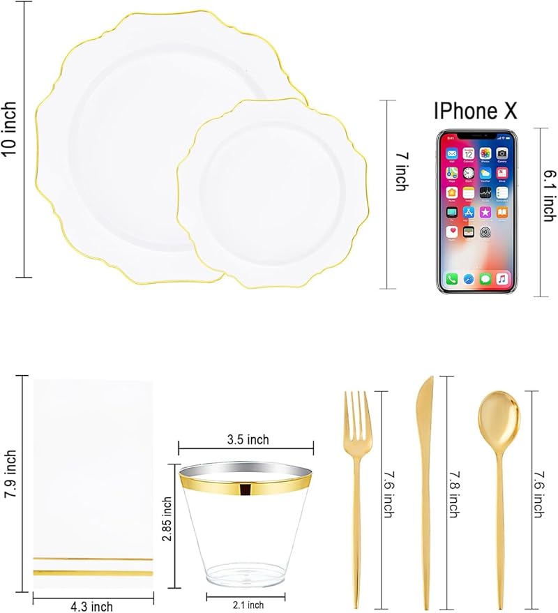 WDF 175Pcs Gold Plates Disposable - White and Gold Plastic Plates 25guest Plastic Dinnerware Ideal for Party/Wedding/Banquets/Thanksgiving/Christmas