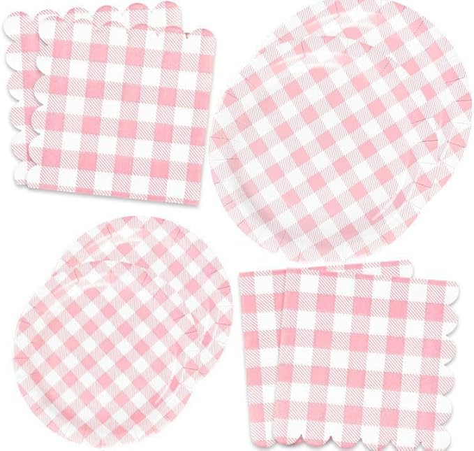 200Pcs Pink Gingham Party Supplies Pink Gingham Paper Plates and Napkins Cups Checkered Plates Disposable Pinks and White Plaid Decor for Birthday Family Picnic BBQ Party,Serves 50 Guests