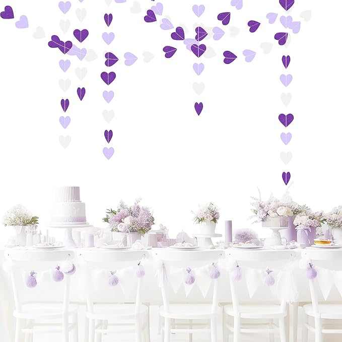 Purple White Birthday Party Decorations – 52Ft Paper Streamers Heart Garland Banner Galentines Valentines Day Girl Baby Shower Women Bridal Wedding Engagement Bachelorette Graduation Hanging Decor