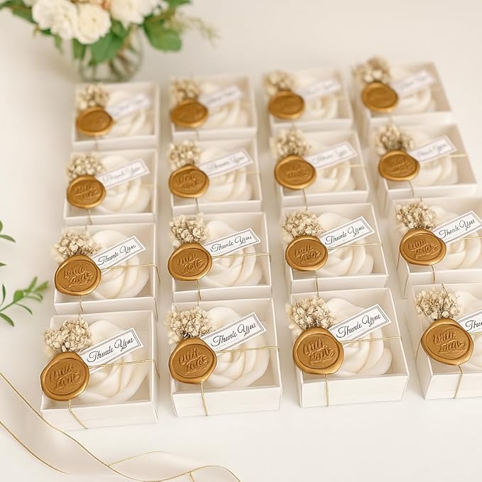 White Rose Petal Soy Wax Candles in Bulk – Rose Candle Wedding Favors for Guests, Personalized Candle Favors for Bridal Shower & Baby Shower Gifts – Dried Flower & Wax Seal Design (90 Pieces)