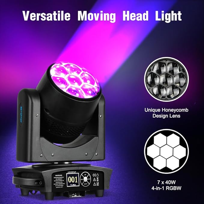 BETOPPER LM0740 Moving Head Light 7x40W RGBW Beam/Wash/Zoom/CTO Effect Bee Eye LED Stage Lighting Spot Lights with Sound Activated for DJs, Bars, Christmas, and Home Party Lighting,1 Pack