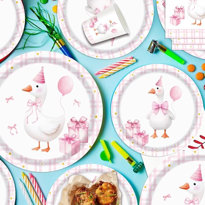 140pcs Pink Pet Duck Birthday Decorations Supplies, Disposable Paper Dinnerware Set Paper Plates Napkins Cups Set for 20 Guests Duck