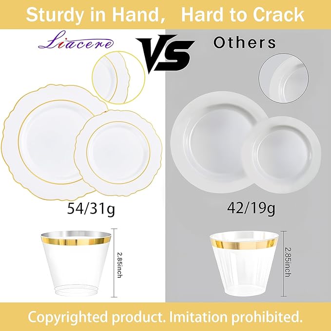 Liacere 350PCS Gold Plastic Plates-Disposable White and Gold Plates 50guest Baroque Plastic Dinnerware include 100Plates, 50Pack Pre Rolled Napkins with Silverware 50Cups for Wedding&Thanksgiving