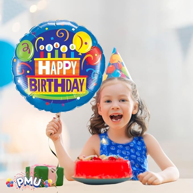 PMU Happy Birthday Cake and Balloons 18 Inch Mylar-Foil Balloon Pkg/25