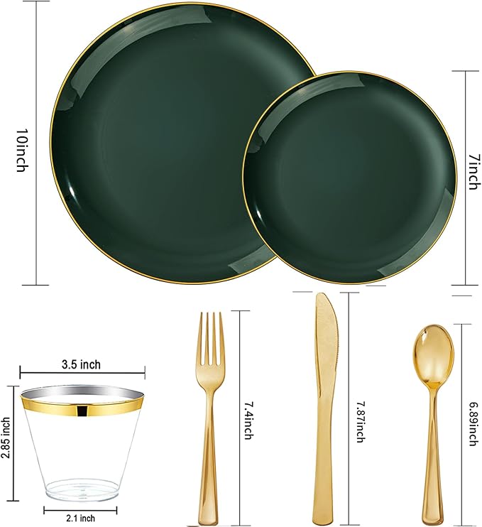 WDF 150Pcs Green Plastic Plates - Green Plates Disposable with Gold Rim - 25Guest Disposable Dinnerware Include 50 Christmas Plastic Plate, 75 Gold Cutlery & 25 9oz Cups for Christmas & Parties