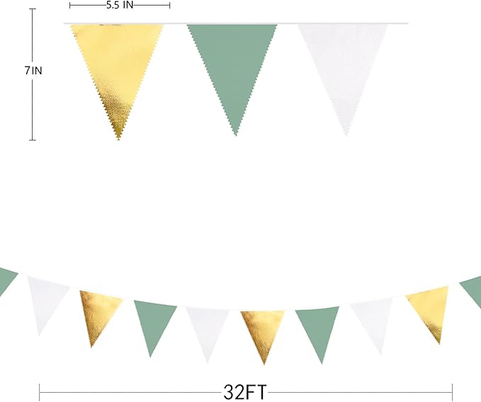 32Ft Sage Green Party Decorations Sage Green and Gold Triangle Flag Fabric Banner Pennant Bunting Garland Streamers for Rustic Party Wedding Baby Shower Birthday Home Nursery Outdoor Garden Decor