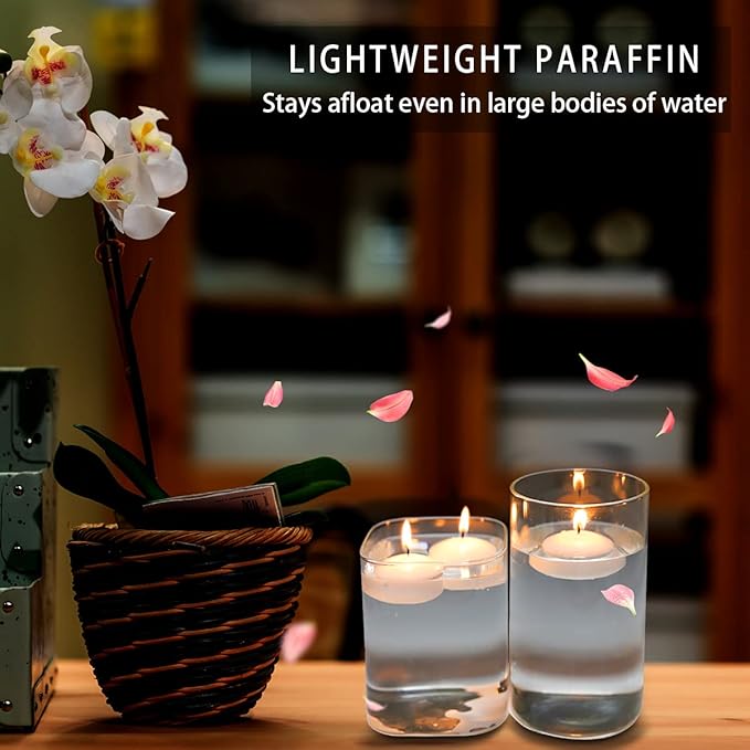 24 Pack Floating Candles, Smoke-Free and odorless, Burning continuously for 5-6 Hours, White, 2-inch Floating Candles, Suitable for Valentine's Day, Weddings, Holidays, Home Decoration……