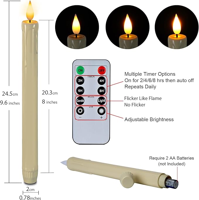 Homemory 6 Pcs Flameless Taper Candles with Remote, Timer, Dimmer, Ivory Battery Operated CandleSticks with Flickering Light, Plastic Led Window Candles, 9.6 Inches for Halloween Christmas Decoration