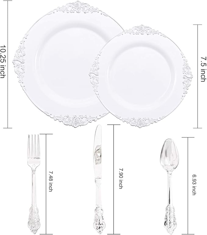 Liacere 150PCS Silver Plastic Plates with Silver Cutlery - Disposable Plastic Plates Include 30Dinner Plate, 30Dessert Plate, 30Knives, 30Spoons, 30Forks - Ideal for Wedding&Christmas