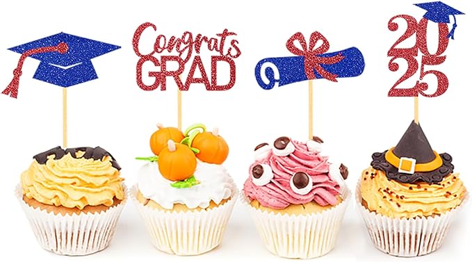 24Pcs Graduation Cupcake Toppers, Graduation Cupcake Picks for Cupcake Food Decorations - Class of 2025 Cupcake Toppers Supplies (Blue Red)