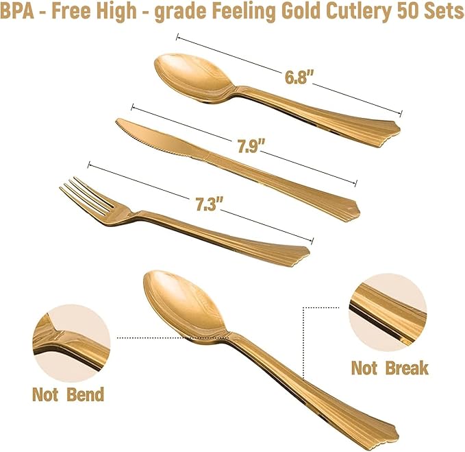 AIRE 350PCS Purple Gold Paper Plates Party Supplies for 50 Guests Party Decorations Disposable Dinnerware Paper Plates Cups Napkins Gold Plastic Forks Knives Spoons for Birthday Baby Shower Wedding