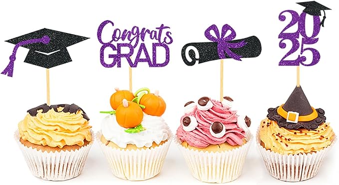 24Pcs Graduation Cupcake Toppers, Graduation Cupcake Picks for Cupcake Food Decorations - Class of 2025 Cupcake Toppers Supplies (Purple)