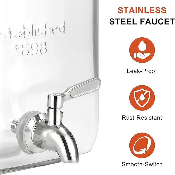 1 Gallon Glass Drink Dispenser with Stand, Juice Dispenser, Drink Dispensers for Parties, Glass Water Dispenser with Stainless Steel Spigot, Lemonade Dispenser, Set for 2