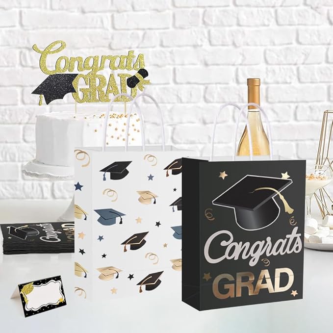 12 Pieces Graduate Gift Bags, Graduation Party Favor Gifts Wrapping Bags for Graduation Season Theme Party Supplies Decoration (Black Gold)