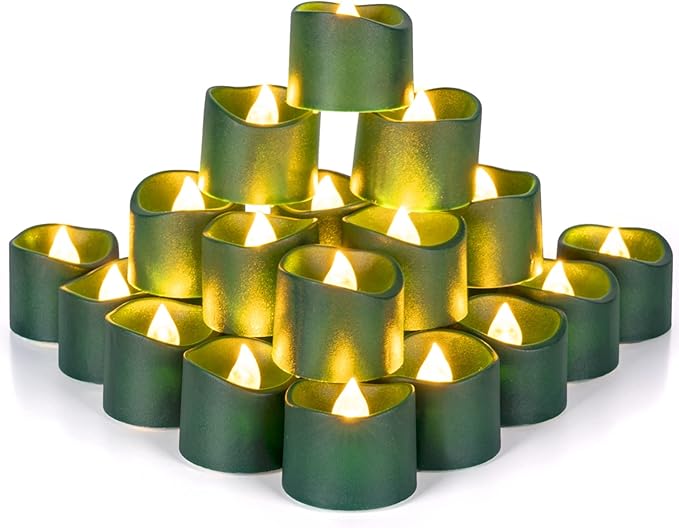 Homemory Green Tea Lights Candles Battery Operated, 200+Hour Flameless Flickering Fake Electric LED Colored Tealights Candles for Christmas, Theme Party, Seasonal Celebrations, 12-Pack