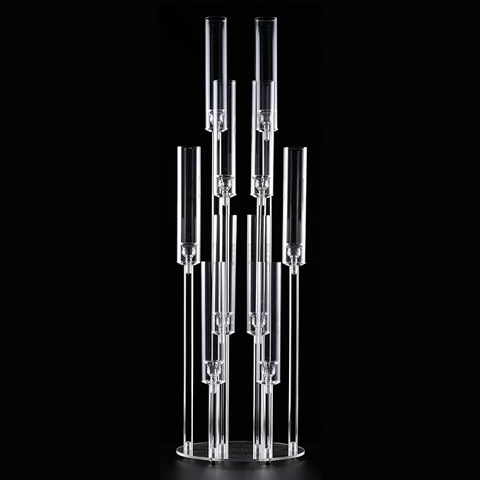 10 Arm Acrylic Candelabra Centerpieces for Wedding Tables, Floor Clear Tall Candlesticks Holder with Removable Lampshade for Birthday Party Home Decoration, Fit 0.82" LED Candles(37.7Inches)