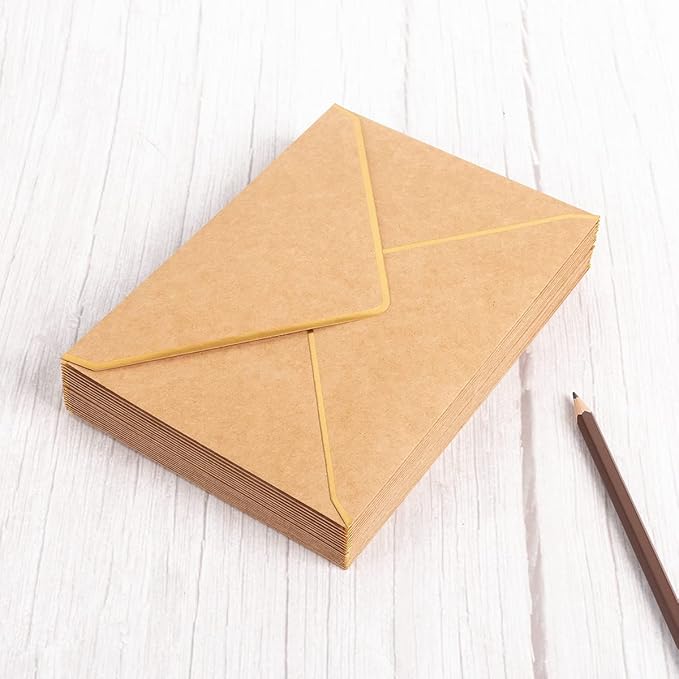 100 Pack A7 Envelopes 5 x 7 Card Envelopes V Flap with Gold Border for Office, Wedding Gift Cards, Invitations, Graduation, Baby Shower, Parties (Kraft Brown, 5.32 x 7.28 Inches)