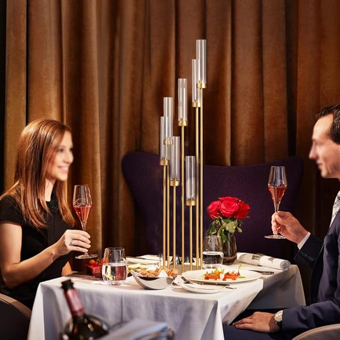 Gold Candelabra Wedding Centerpieces for Tables,Tall Floor Candelabra Fluted Candle Holder Set with Acylic Lamp for Baby Shower Birthday Party Decor candelabros para centros de mesa(10PCS)