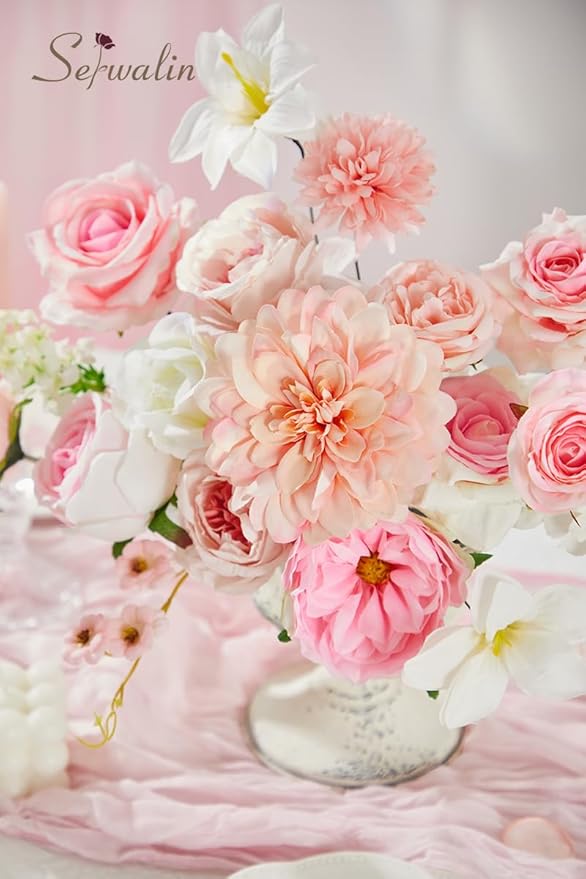 Serwalin Artificial Pink Flowers, Cake Silk Flowers for DIY Wedding Bouquets Fake Flowers, Table Centerpieces Baby Shower Birthday Party Home Decorations