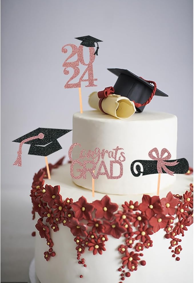 24Pcs Graduation Cupcake Toppers, Graduation Cupcake Picks for Cupcake Food Decorations - Class of 2025 Cupcake Toppers Supplies (Rose Gold)
