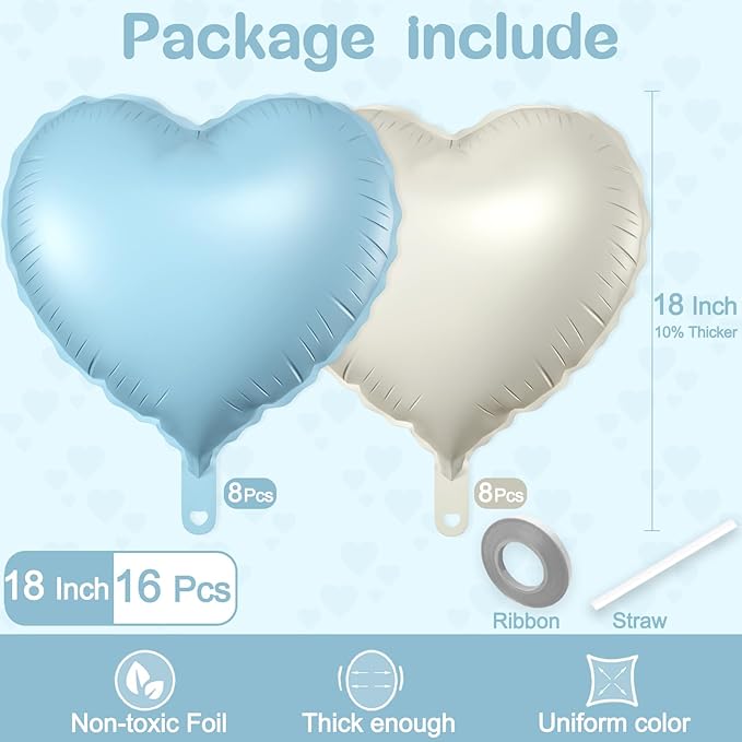 16 Pcs Heart Balloons, 18 Inch Blue White Sand Love Heart Shaped Foil Balloons for Wedding Anniversary Birthday Party Valentine Decorations Baby Shower Bridal Shower Engagement Decorations Supplies