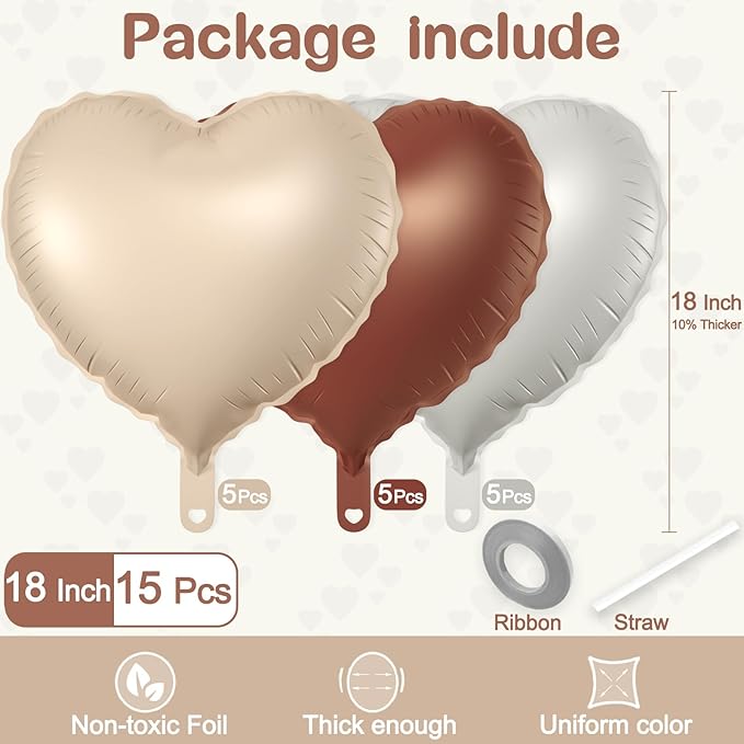 15 Pcs Heart Balloons, 18 Inch Brown Beige White Sand Heart Shaped Foil Balloons for Wedding Anniversary Birthday Party Valentine Decorations Baby Shower Bridal Shower Engagement Decorations Supplies