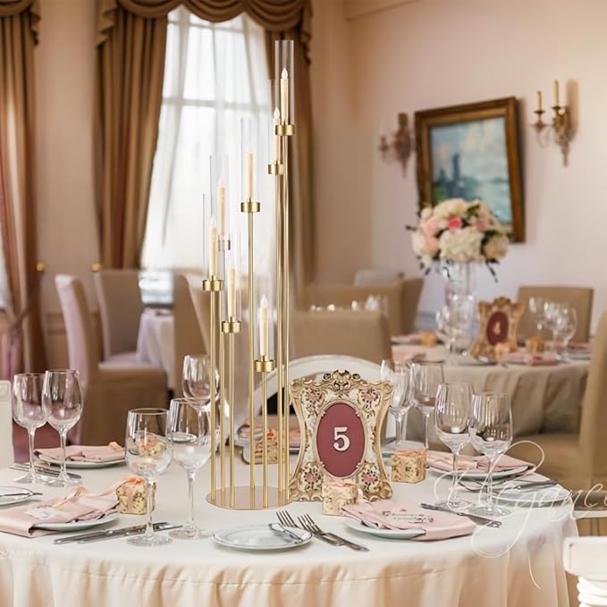 Gold Candelabra Wedding Centerpieces for Tables,Floor Candelabra Candlestick Holders 7 Arm Candle Holder Acrylic lampshade for Christmas Event candelabros para centros de mesa Fit 0.98" LED Candle