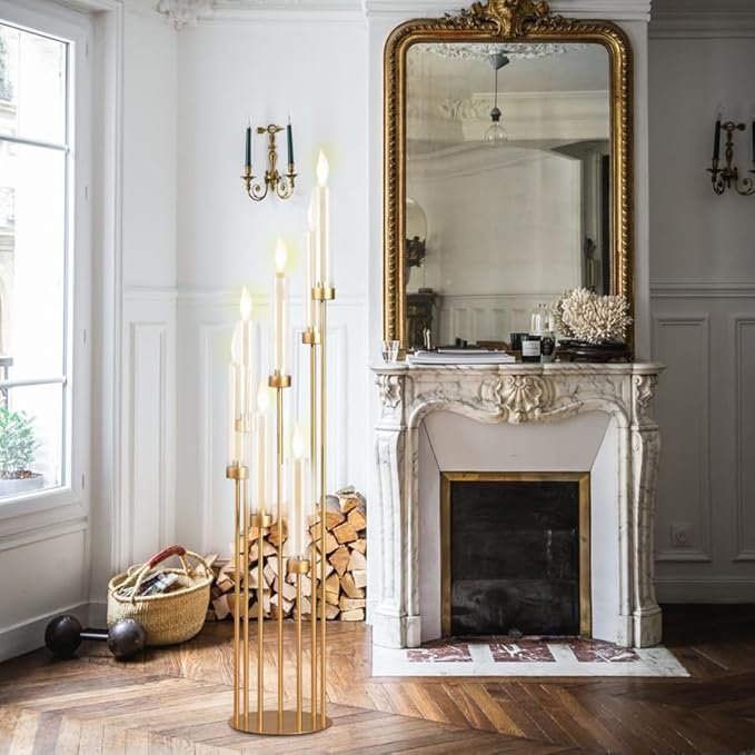 Acrylic Candelabra Centerpieces for Wedding,7 Arm Floor Candelabra with Lampshades Gold Centerpieces for Table Halloween Christmas Ceremony Dinner Party candelabros para centros de mesa(1PCS)