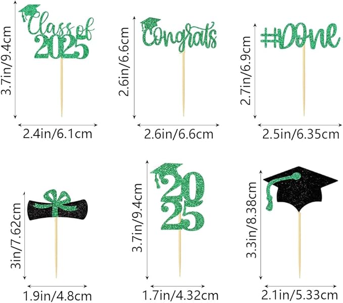 24Pcs Cupcake Toppers Glitter Congrats Grad Diploma 2025 Graduation Cap Cupcake Picks Class of 2025 Cake Decorations for 2025 Graduation Theme Party Supplies(Green)