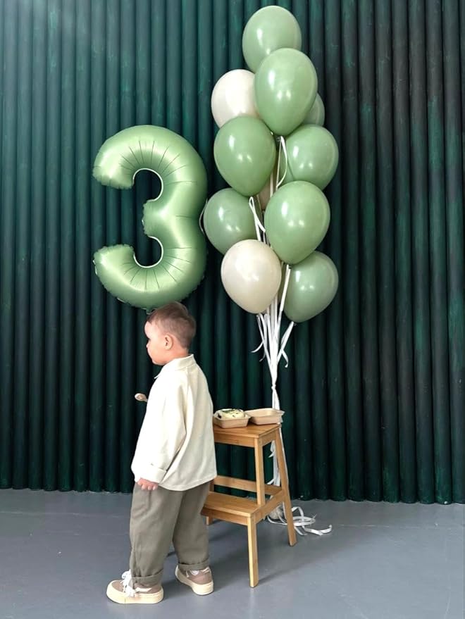40 Inch Sage Green 3 Large Number Balloon, 3 13 23 30 33 36 Oliver Green Birthday Party Decorations, Number Three Foil Balloons for Anniversary Party Graduations Celebration Supplies
