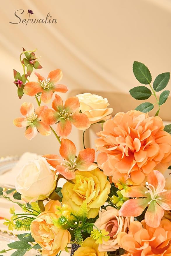 Serwalin Artificial Yellow Orange Fall Flowers, Autumn Silk Fake Flowers for DIY Wedding Bouquets Cake Flower, Table Centerpieces Baby Shower Birthday Party Home Decorations