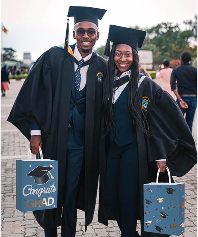 12 Pieces Graduate Gift Bags, Graduation Party Favor Gifts Wrapping Bags for Graduation Season Theme Party Supplies Decoration (Blue Gold)