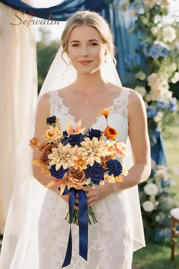 Serwalin Artificial Khaki Brown & Blue Flowers, Silk Fake Flowers for DIY Wedding Bouquets Cake Flower,Table Centerpieces Baby Shower Birthday Party Home Decorations