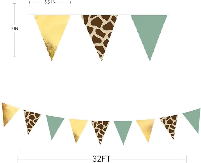 32Ft Jungle Safri Party Decorations Gold Sage Green Giraffe Printed Triangle Flag Fabric Banner Pennant Bunting Garland Streamer for Wild Animal Woodland Giraffe Birthday Baby Shower Party Decor