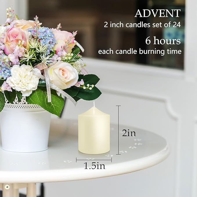15 Hours Ivory Votive Candles, Unscented 2 inch Wax Candles for Wedding, Party, Holiday Spa & Home Decoration, 24 Packs,Odorless, Smokeless, No Wax Dripping Candles