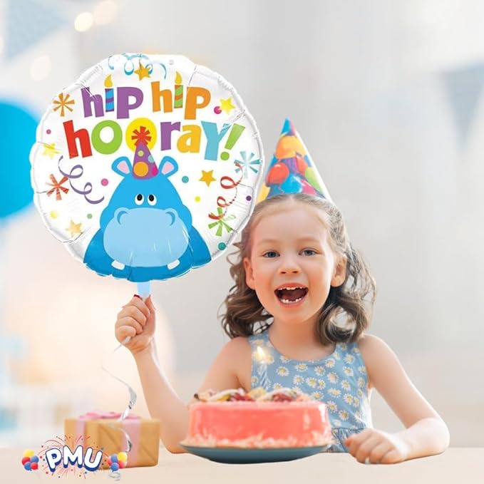 PMU Happy Birthday Hip Hip Hooray Hippo 18 Inch Mylar Foil Balloon Pkg/5