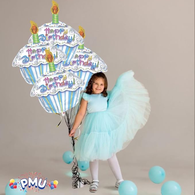 PMU Happy Birthday Petite Cupcake Shape 18 Inch Mylar-Foil Balloon Pkg/10